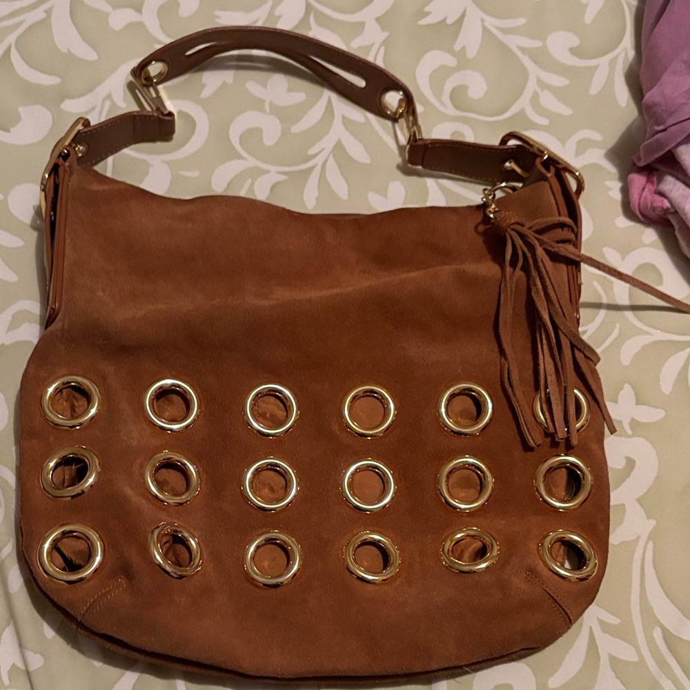 Brown Leather suede Shoulder Bag with Gold Accents